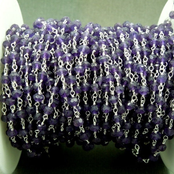 Amethyst Wire Wrapped Beaded Chain - Silver Rosary Style Chain -Chain per foot CHN-230S-CHN-230B