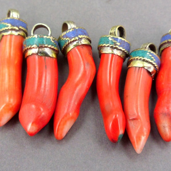 Red Coral Color Pendant with Tibetan Brass Cap inlaid with Turquoise and Lapis S22B4-07