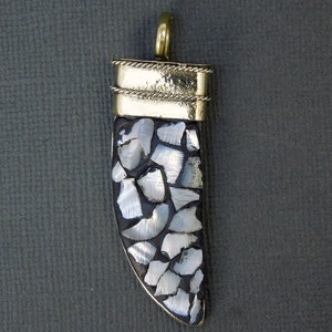 Tibetan Brass Horn Pendant-- Tibetan Mother of Pearl and Brass Mosaic Pendant (S44B3-04)