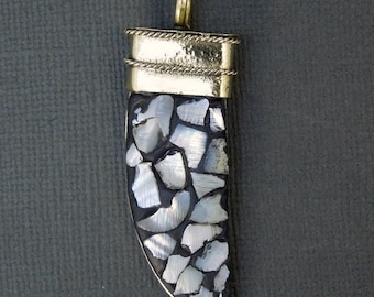 Tibetan Brass Horn Pendant-- Tibetan Mother of Pearl and Brass Mosaic Pendant (S44B3-04)