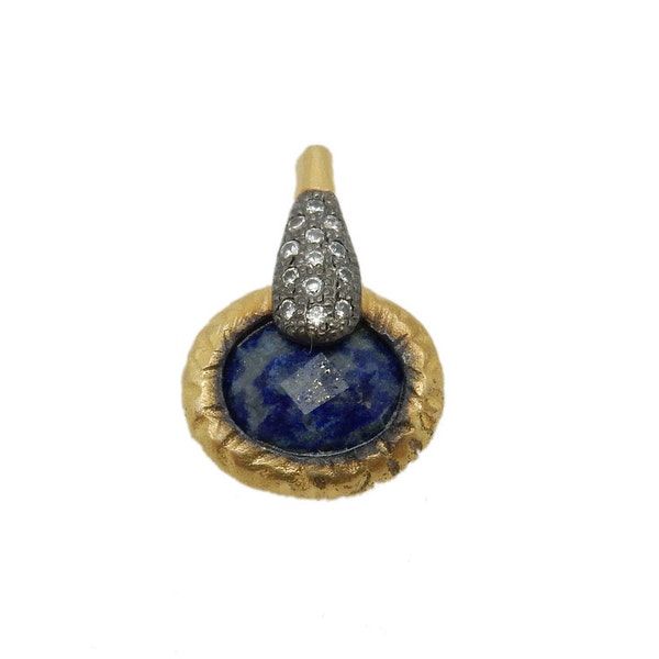 Gemstone Drop Bezel Pendant with Lapis Lazuli Accent - Gold Toned Brass Pendant with Black Toned Cz Rhinestone Bail Accent BIC (S68B16-02)