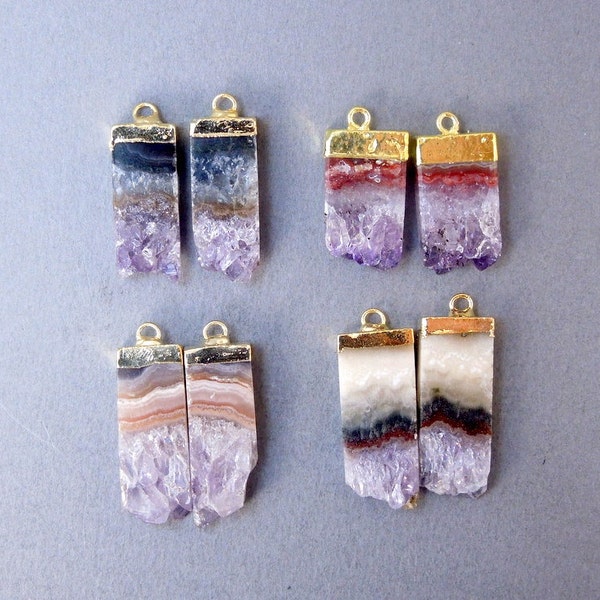 Amethyst Slice Druzy Matched PAIR Great for Earrings or Two Pendants 24k Gold Electroplated Caps (S18B6-04)