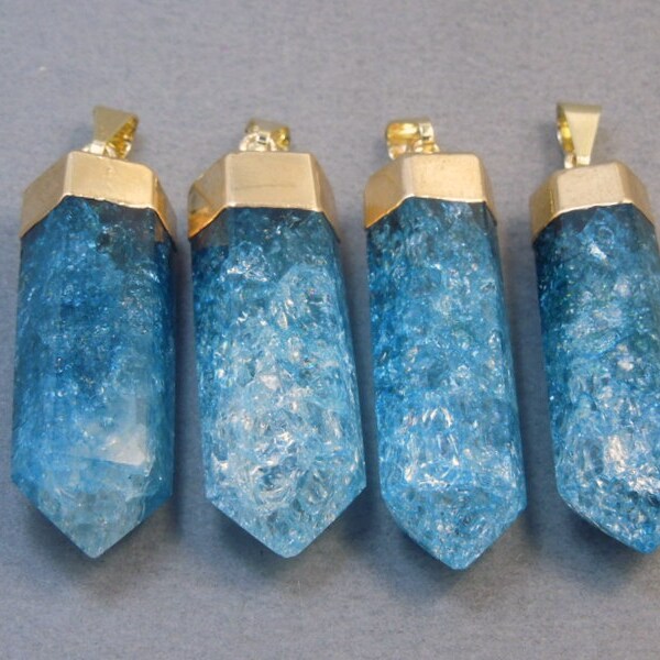 Teal Aqua Crystal Quartz Crackle Point Pendant with 24k Gold Electroplated Cap CPT (S70B4-19)