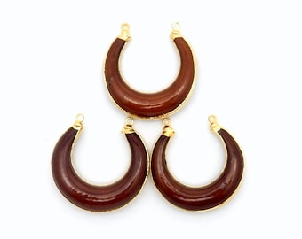 Brown Toned Crescent Double Horn Pendant with 24k Gold Electroplated Trim and Bail (S84B5-06)