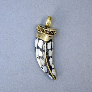 Tibetan Brass Horn Pendant-- Small Tibetan Mother of Pearl and Brass Mosaic Pendant (S58B17-02)