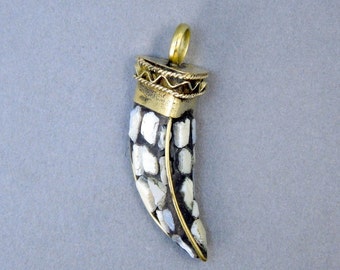 Tibetan Brass Horn Pendant-- Small Tibetan Mother of Pearl and Brass Mosaic Pendant (S58B17-02)