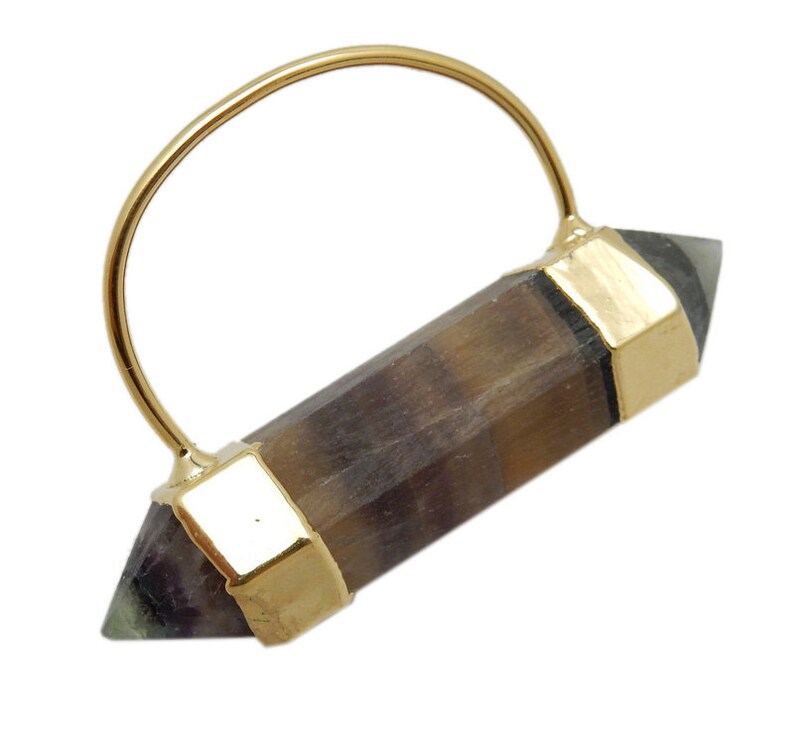 S51B14-05 Fancy Rainbow Fluorite Double Terminated Point Pendant with Electroplated 24k Gold Cap and Bail