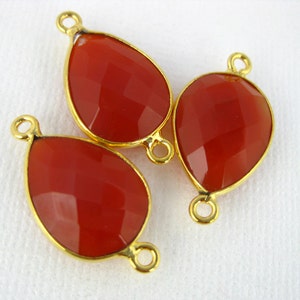 Bezel Connector Carnelian Station Teardrop Gemstone Connector - 12mm x 16mm Gold Over Sterling Bezel - Double Bail Charm Pendant (GW-08)