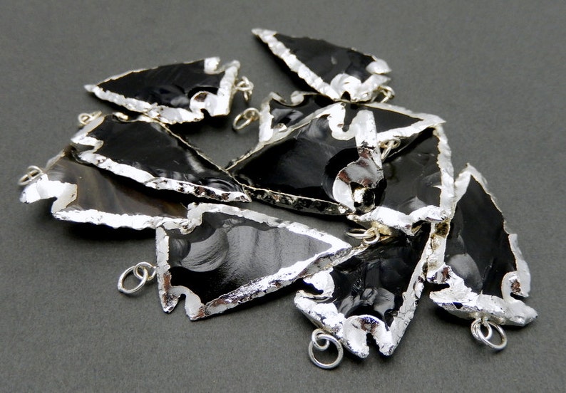 Black Obsidian Arrowhead Pendant Charm Electroplated Silver also available in gold plated S76B1-06 image 3