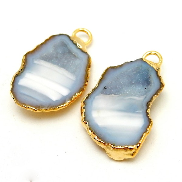 Half Geode Mexican Geodes Pendant -- ONE PAIR-- Electroplated 24k Gold Edges (S85B3-11)