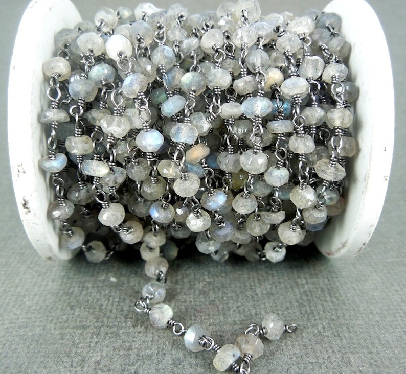 Labrodorite Wire-Wrapped Chain- CHN-306 Rosary style Black Polish Sterling Silver Chain- 10 FEET