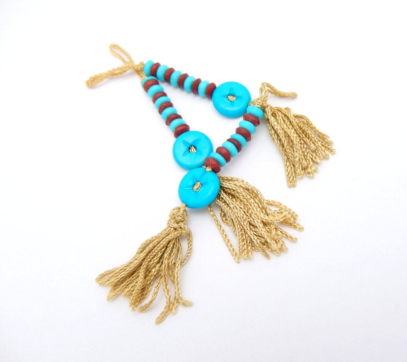 Tan Tassel Pendant With Turquoise and Red Colored Accent Beads - Etsy