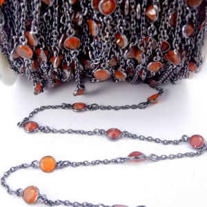 Carnelian Connectors on Silver Link Chain- Bezel Set Carnelian on an Oxidized Silver Plated Link Chain (CHN-50)