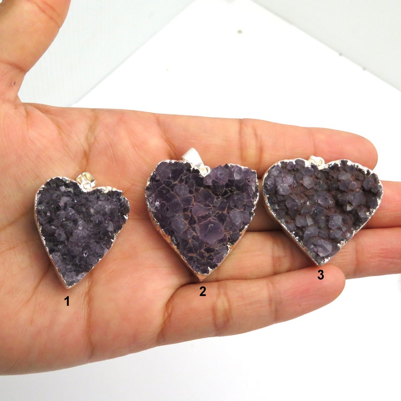 Lot G-2082 Amethyst Heart Druzy Cluster Heart Pendant with Electroplated Silver Edges-YOU CHOOSE-