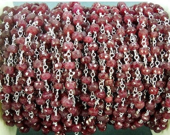 Gemstone Chain - Dyed Ruby Wire Wrapped Sterling Silver Chain - Beaded Chain 3 FEET (CHN-317)