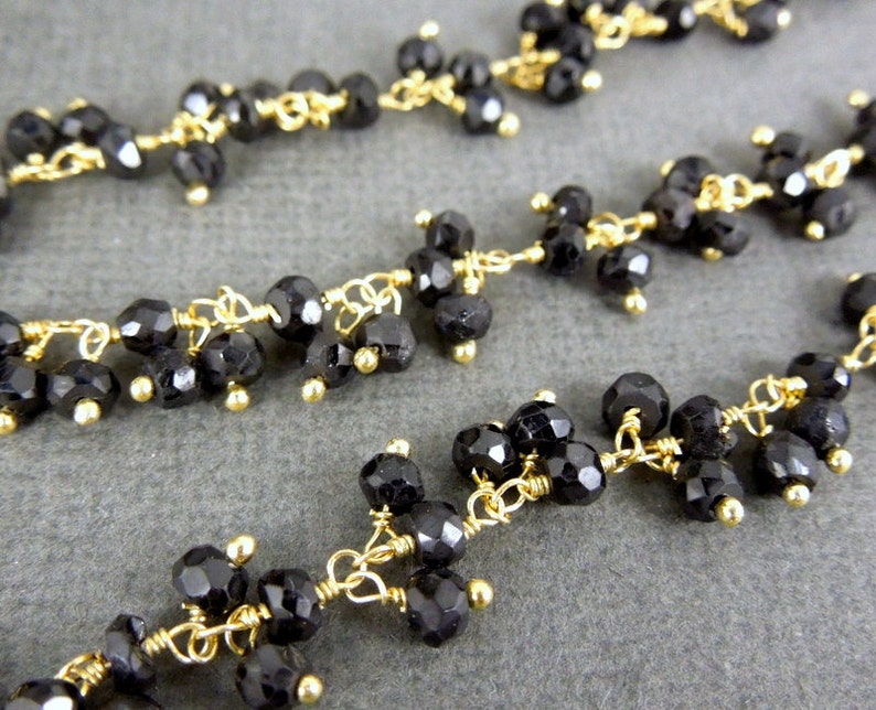 Black Spinel Dangling Rosary Style Beaded Chain Black Spinel Beads wire wrapped Gold plated chain PER FOOT CHN-97 image 4