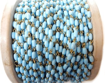 Marquise Turquoise Colored Chain -- Antique Gold Toned Wire Wrapped Beaded Chain-- (CHN-573)