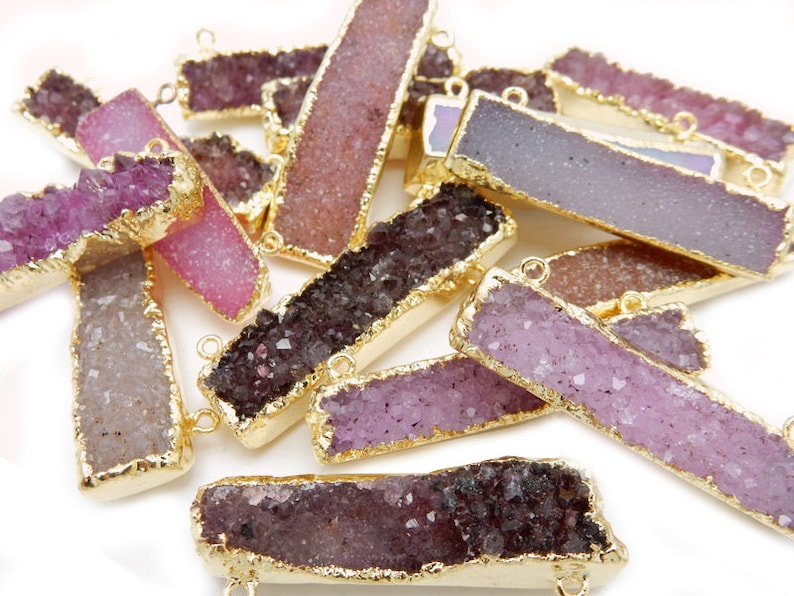 Pink Druzy Rectangle Bar Double Bail Connector Pendant with 24k Gold Electroplated Edges S94b11-07
