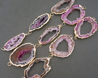 Pink Agate Druzy Druzzy Drusy Slice Connector Pendant Double Bail Edged in Electroplated 24k Gold CAS (S38B1b-01)