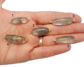 Colgante de doble asa de cuarzo cristalino ovalado con borde de oro galvanizado de 24 k - Preciosas inclusiones - A elección (Lote G-187)