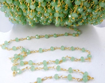 Sea Foam Green Chalcedony Wire Wrapped Beaded Chain - Gold Rosary Style Chain - PER FOOT (CHN-322)