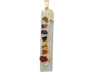 Selenite Freeform Pendant with 7 Chakra Stone Accent 24K Gold Electroplated Cap and Bail (S128B8)