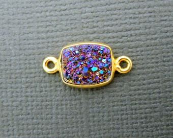 Druzy Double Bail Connector Charm Pendant-- 8mm x 10mm Mystic Purple Druzy Connector in a Gold Plated Rectangle Bezel  (S41B10-15)