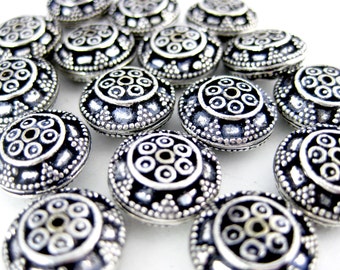 Bali Bead Silver Plated Copper Repousse 13mm Bali Disk Spacer Bead--  5 BEADS (S18-B1-12)