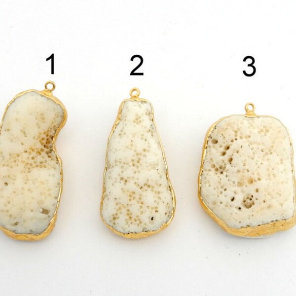 Beautiful Raw Freeform White Coral Pendant with 24k Gold Electroplated Trim - YoU ChOoSE (Lot G-1353)