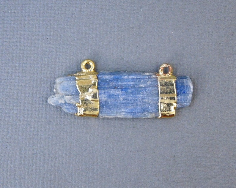 Raw Blue Kyanite Double Bail Pendant Charm with 24k Gold Electroplated Bands S2B10-08 image 1