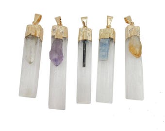 Selenite Freeform Pendant with Gemstone Accent 24k Gold Electroplated Cap and Bail (S97)