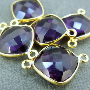 Bezel Connector- Amethyst Station Square Connector - 18-20mm Gold over Sterling Bezel Link - Double Bail Charm Pendant (GZ-22)