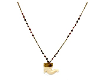 Tibetan Style Gold Toned White Bone Carved Elephant Necklace on 32" Gold Toned Red Garnet Beaded Chain -SAMPLE SALE (S38B1-07)