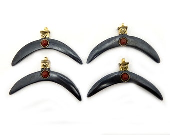 Black Crescent Double Horn Pendant with Gemstone Accent Gold Brass (S80B8)