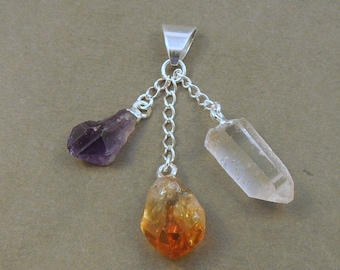 Citrine Crystal Amethyst Point Silver Pendant 3 hanging crystal points on silver chain NEW STYLE (S124B8-03)