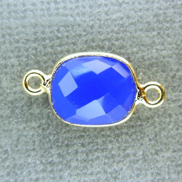 Bezel Connector- Blue Onyx Station Rectangle Connector - 8mm x 12mm Gold Over Sterling Bezel Link - Double Bail Charm Pendant (GV-18)