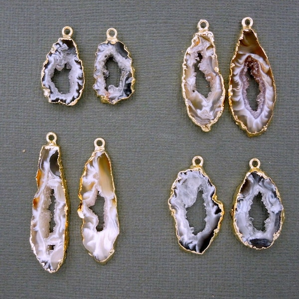 Agate Pendants-- Agate Druzy Slice Charms Pendants with 24k Gold Electroplated Edges - 1 PAIR (S19B5-05)