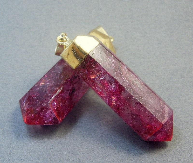 Dark Pink Crystal Quartz Point Pendant With 24k Gold Electroplated