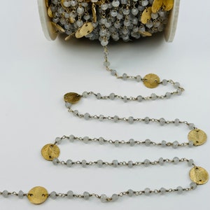 Labradorite Wire Wrapped Beaded Chain with Gold Plated Coins - Gold plated Rosary Style Chain 10 FEET (CHN-127)