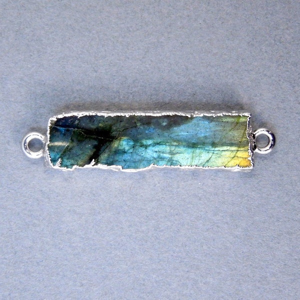 Labradorite Bar Double Bail Charm Connector Pendant Silver Electroplated Edges (S28B9-14)