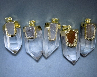Crystal Quartz Point Pendant Gold Electroplated Cap and Druzy Accent (S20B1-01)