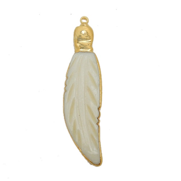 Petite White Bone Carved Feather Pendant with Electroplated 24k Gold Edge (S67B12-05)