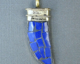 Tibetan Brass Horn Pendant-- Tibetan Lapis and Brass Mosaic Pendant (S44B3-02)