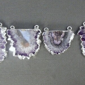 Amethyst Stalactite Slice Druzy Crystal Double Bail - Mouse Ears- Pendant with Silver Edge (S1B15-05)