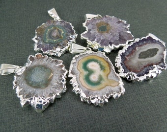 Stalactite Round Amethyst Slice Druzy Crystal Edged in Silver Pendant(S1B4-04)