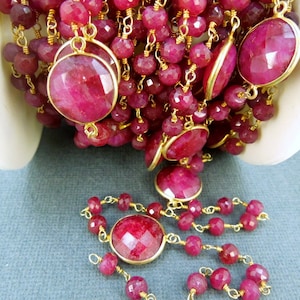 Ruby Rosary Style Beaded Chain with Ruby Connectors - Dyed Ruby Beads on Wire Wrapped gold over sterling chain PER FOOT (CHN-14)