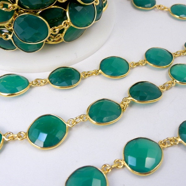Green Onyx set in Gold Plated Bezels Station Connector Gold Chain Per Foot - ABSOLUTELY STUNNING Chain (CHN-340)