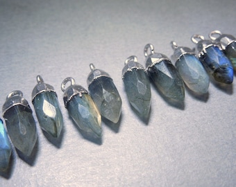 5 Pcs - Tiny Labradorite 13mm Spike Pendant Charm with Electroplated Silver Cap and Bail - Bulk LOT OF 5 (S64B7-01)