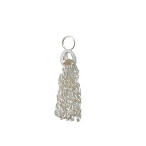 May include: Silver tassel charm with a loop at the top. The tassel is made of small, linked chains.