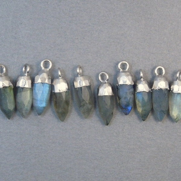 Tiny Labradorite 13mm Spike Pendant Charm with Electroplated Silver Cap and Bail (S64B7-01)